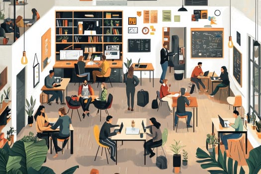 Vibrant office environment showcasing a diverse group of individuals engaged in productive activities, emphasizing collaboration, technology, and creativity in modern workspaces.