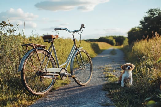 A charming vintage bicycle stands near a playful dog on a serene country path surrounded by lush grass and trees, capturing a moment of adventure and tranquility.