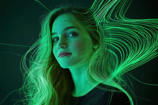 This captivating portrait features a woman illuminated by vibrant green light trails. The modern aesthetic combines beauty and creativity, making it an ideal choice for various artistic projects.