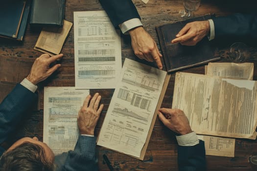 A top-down view of hands interacting with various documents, showcasing data charts and detailed analysis at a rustic workspace table.