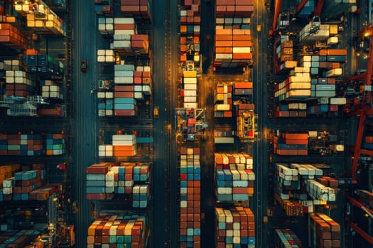 A stunning aerial view of a busy shipping container yard filled with colorful containers, highlighting the intricate organization and logistics involved in freight transport.