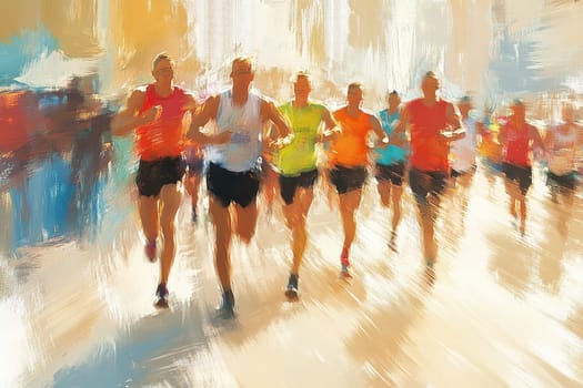 A vibrant scene showcasing a group of energetic runners participating in a lively marathon event, characterized by a beautiful artistic blur effect.