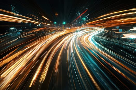Captivating image of dynamic light trails from traffic on an urban highway at night, showcasing motion and energy through beautiful illumination.