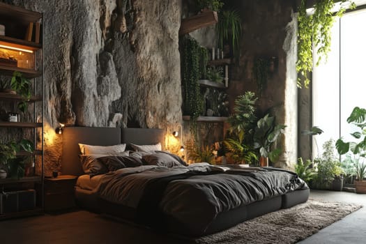 Experience a serene and stylish bedroom featuring a blend of natural elements and modern design, illuminated by soft lighting and surrounded by lush greenery.