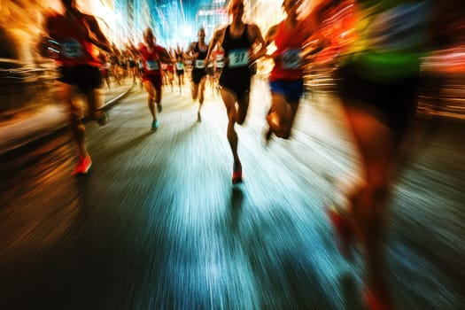 A vibrant image capturing the intense motion of runners sprinting in a city marathon, showcasing energy and athletic spirit against a colorful backdrop.