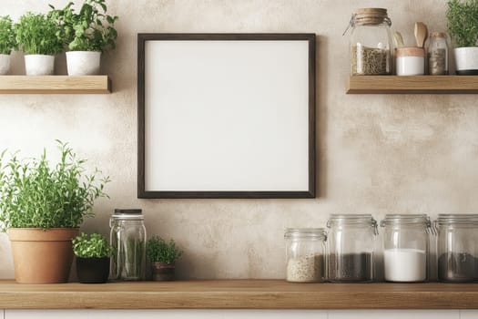 A white frame with a blank space sits on a shelf next to a variety of jars and potted plants. The empty space in the frame suggests a sense of openness and possibility