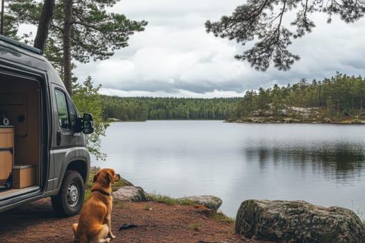 A calm lakeside scene featuring a dog sitting by a van, surrounded by lush greenery and overcast skies, perfect for outdoor adventures.
