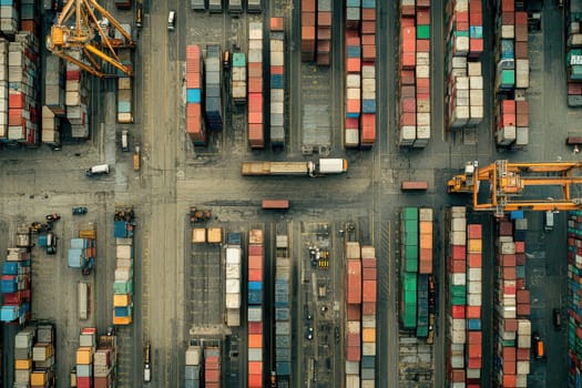 Explore an aerial view of a busy shipping yard filled with colorful cargo containers and active cranes, showcasing the vibrant logistics industry in motion.