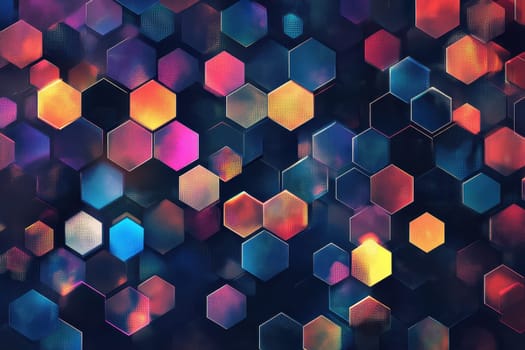 This image features a captivating arrangement of colorful hexagonal patterns radiating light reflections on a dark background, perfect for creative projects.