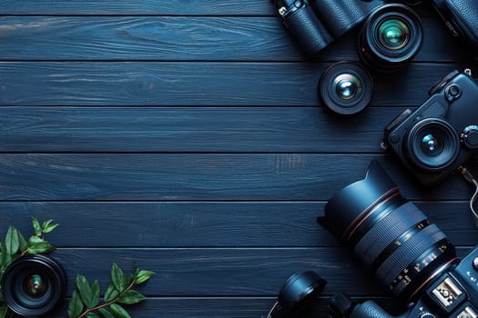 A collection of camera equipment is displayed on a wooden surface. Concept of creativity and passion for photography, as the various lenses and cameras are arranged in a visually appealing manner