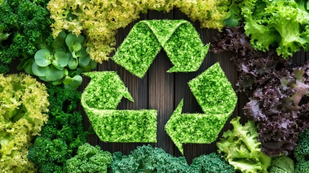 Green recycle symbol made of grass surrounded by fresh vegetables promoting food waste reduction