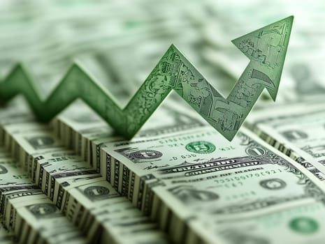 Symbolic representation of economic growth with a green arrow pointing upwards over stacks of U.S. dollar bills. This image illustrates financial success, investment growth, and economic trends.