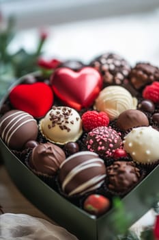 heart shaped chocolate box and rose bouquet, valentine's day concept, Generative AI, holidays