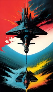 splash colorful paint art fantasy transport flight aircraft ufo war, red blue yellow background. High quality illustration alt wallpaper poster decor
