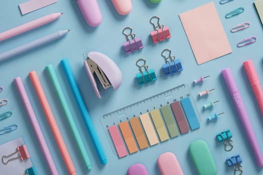 Stationery background with pastel-colored office supplies neatly arranged on a light blue background. Workplace organization. Back to school concept.