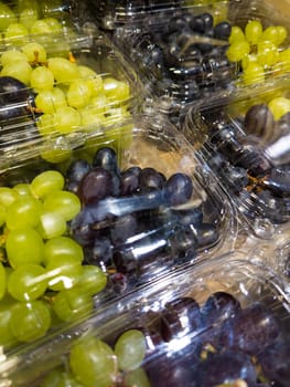 Fresh grapes in transparent plastic packaging displayed on a store shelf. High-quality close-up capturing natural texture and freshness of the fruit.