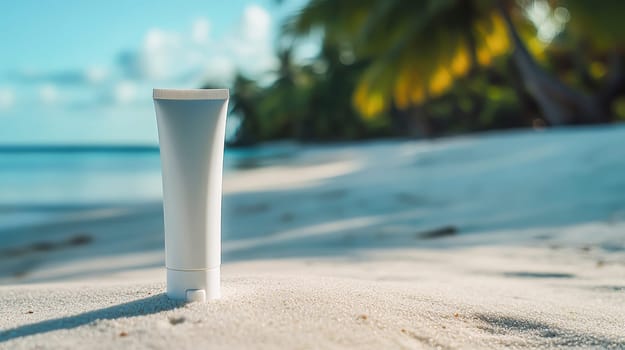White tube of sunscreen on the sand by the shore of a beautiful sea. Ai art
