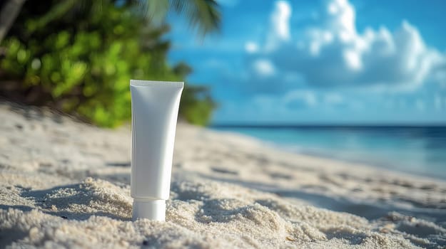 White tube of sunscreen on the sand by the shore of a beautiful sea. Ai art
