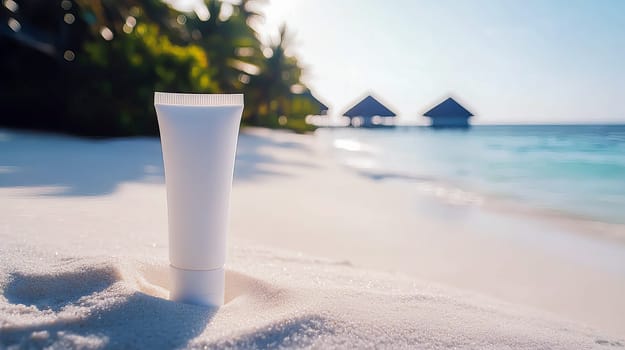 White tube of sunscreen on the sand by the shore of a beautiful sea. Ai art