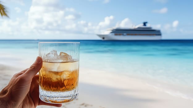 Hand holding a glass with a cocktail against the background of the see and a sailing cruise ship. Ai art