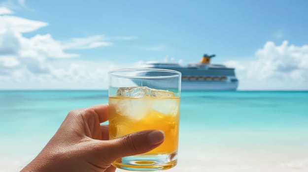 Hand holding a glass with a cocktail against the background of the see and a sailing cruise ship. Ai art