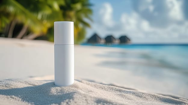 White tube of sunscreen on the sand by the shore of a beautiful sea. Ai art
