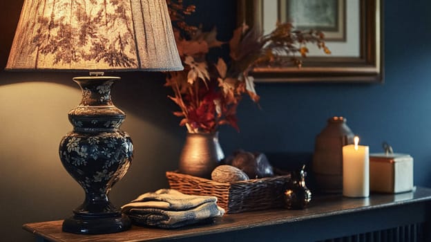 Elegant cottage or country house room, blue colour interior design and home decor, furniture and soft furnishing fabric and upholstery, English countryside style idea
