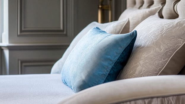 Elegant cottage or country house room, blue colour interior design and home decor, furniture and soft furnishing fabric and upholstery, English countryside style idea