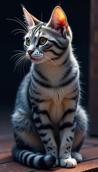 A cat with stripes sits on a brick floor. The cat has a curious look on its face