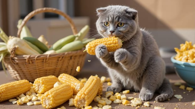 A cat is eating corn on the floor. The corn is yellow and the cat is eating it