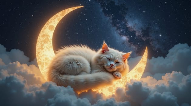 A white cat is sleeping on a crescent moon. The moon is surrounded by clouds, giving the scene a dreamy and peaceful atmosphere