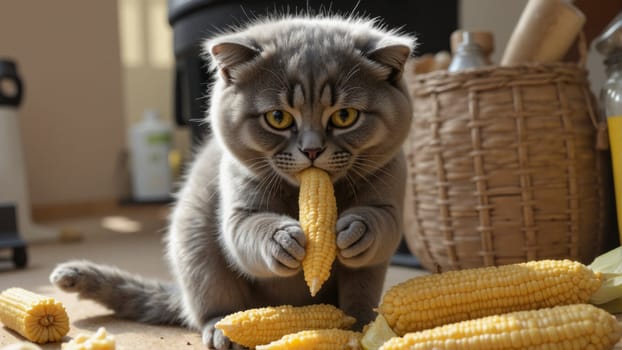 A grey cat is sitting on the floor and eating corn