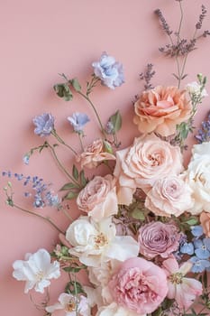 Delicate bouquet of pastel roses, peonies, and wildflowers, beautifully arranged against a soft pink background, evoking romantic charm and elegance