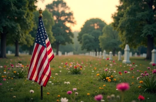 American flag on the background of a cemetery, flowers are blooming around. High quality photo