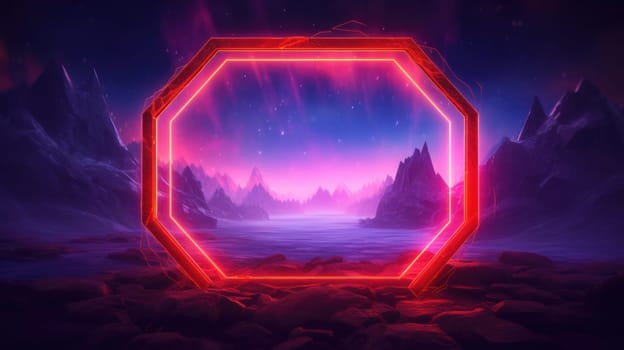 Glowing neon Hexagon frame over abstract landscape. Generative AI image weber.