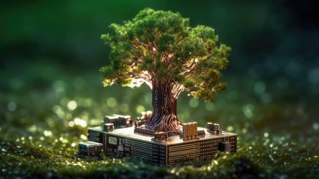 A beautiful large tree growing on the micro chip computer circuit board showing concept of digital business CSR and ethics ESG, waste management. Generative AI image weber.