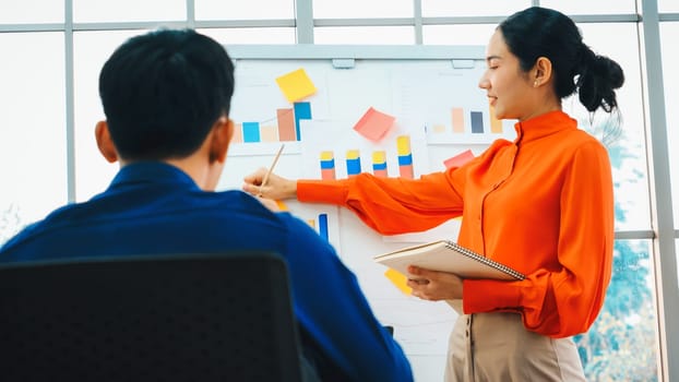 Young woman explains business data on white board in casual office room . The confident Asian businesswoman reports information progress of a business project to partner to determine strategy . Jivy