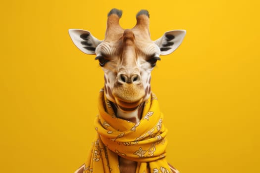 Head and neck of a cute giraffe in yellow scarf on yellow background.