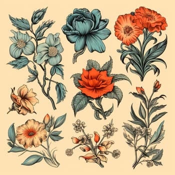 Color drawings of flowers and plants, hand drawings - image