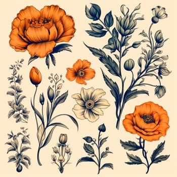 Color drawings of flowers and plants, hand drawings - image
