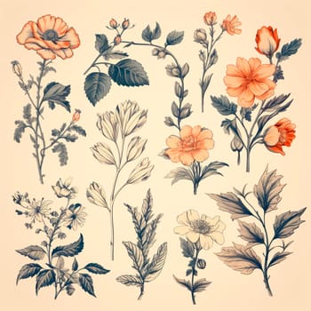 Color drawings of flowers and plants, hand drawings - image