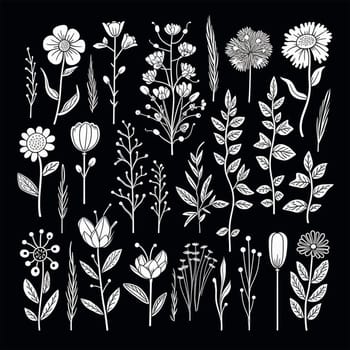 Black and white drawings of flowers and plants, hand drawings - image