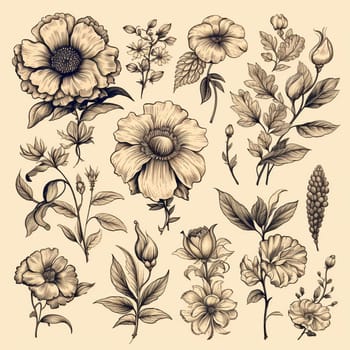 Black and white drawings of flowers and plants, hand drawings - image