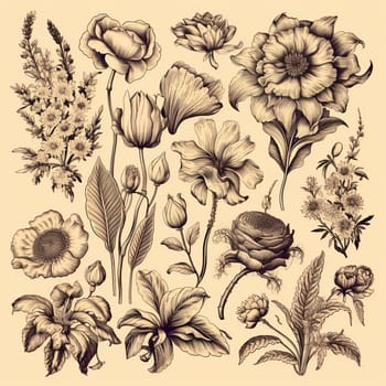 Black and white drawings of flowers and plants, hand drawings - image