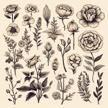 Black and white drawings of flowers and plants, hand drawings - image