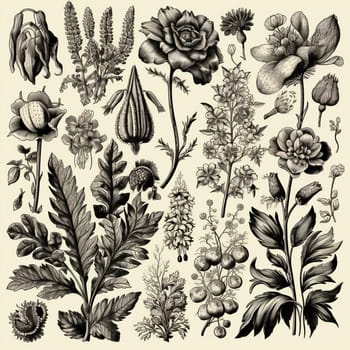 Black and white drawings of flowers and plants, hand drawings - image