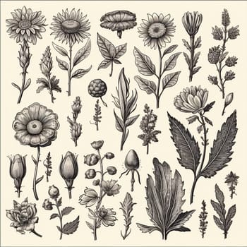 Black and white drawings of flowers and plants, hand drawings - image