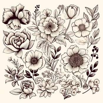 Black and white drawings of flowers and plants, hand drawings - image