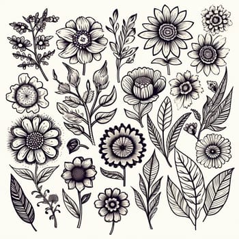 Black and white drawings of flowers and plants, hand drawings - image