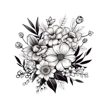 Black and white drawings of flowers and plants, hand drawings - image